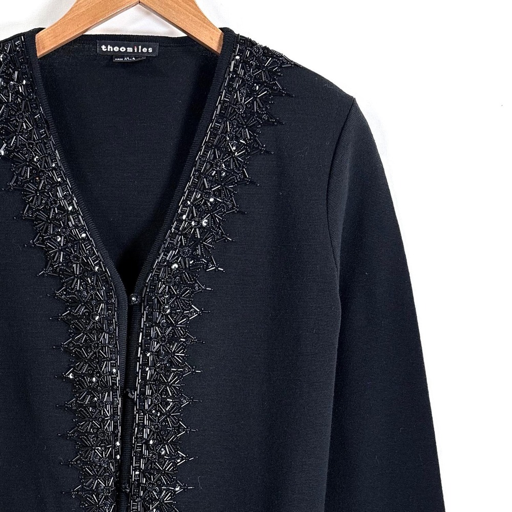 VTG Theomiles Black Beaded Embellished Cardigan Sweater Wool Blend‎ Women Small